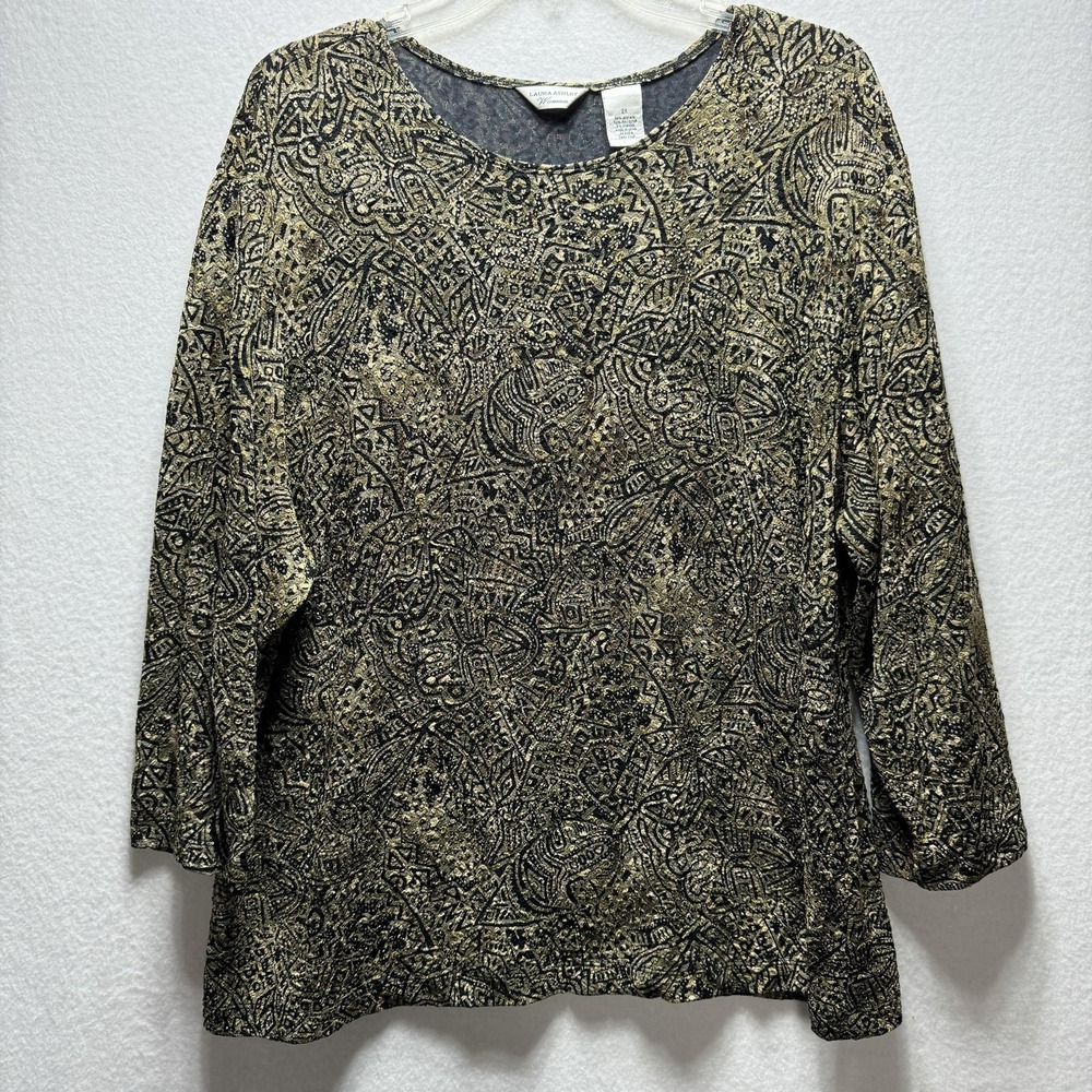 Laura Ashley Shirt Womens 2X Gold Black Metallic Geometric‎ Tunic Top Stretch